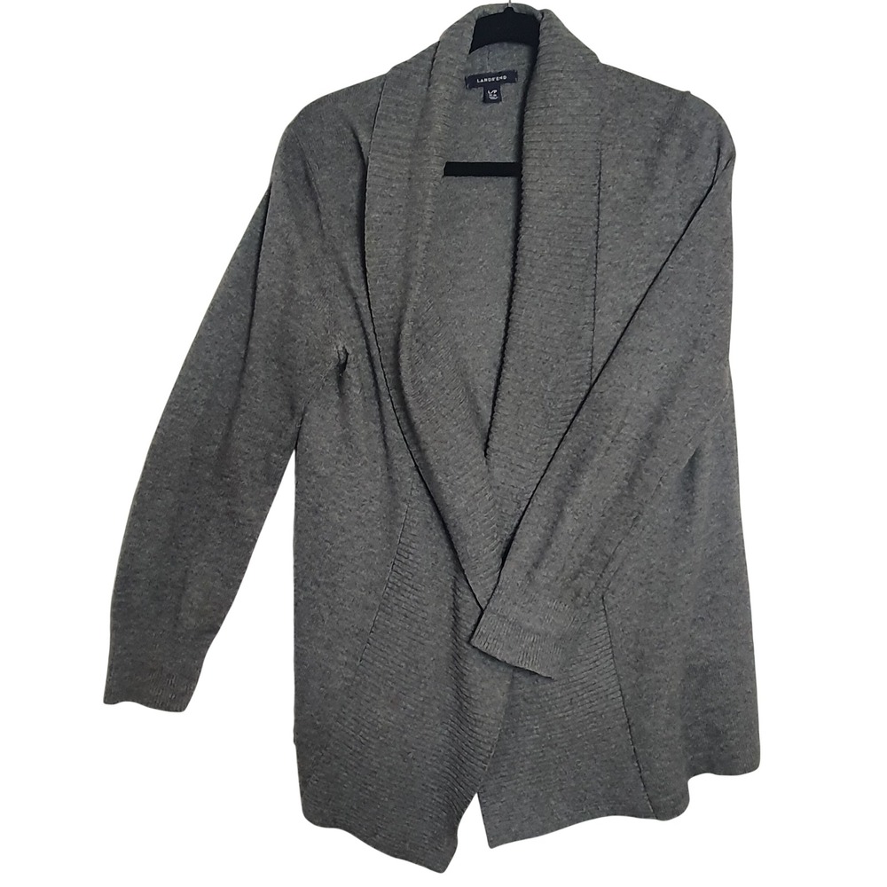 Lands‎ End Stretch Gray Open Front Shawl Collar Cardigan Sweater Large Petite